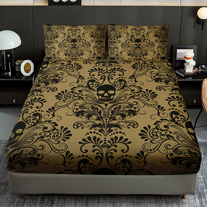 3pcs Fitted Sheet Set (1 Fitted Sheet + 2 Pillowcases, Pillow Core Not Included), Home Dormitory High-Definition Printed Skull Pattern