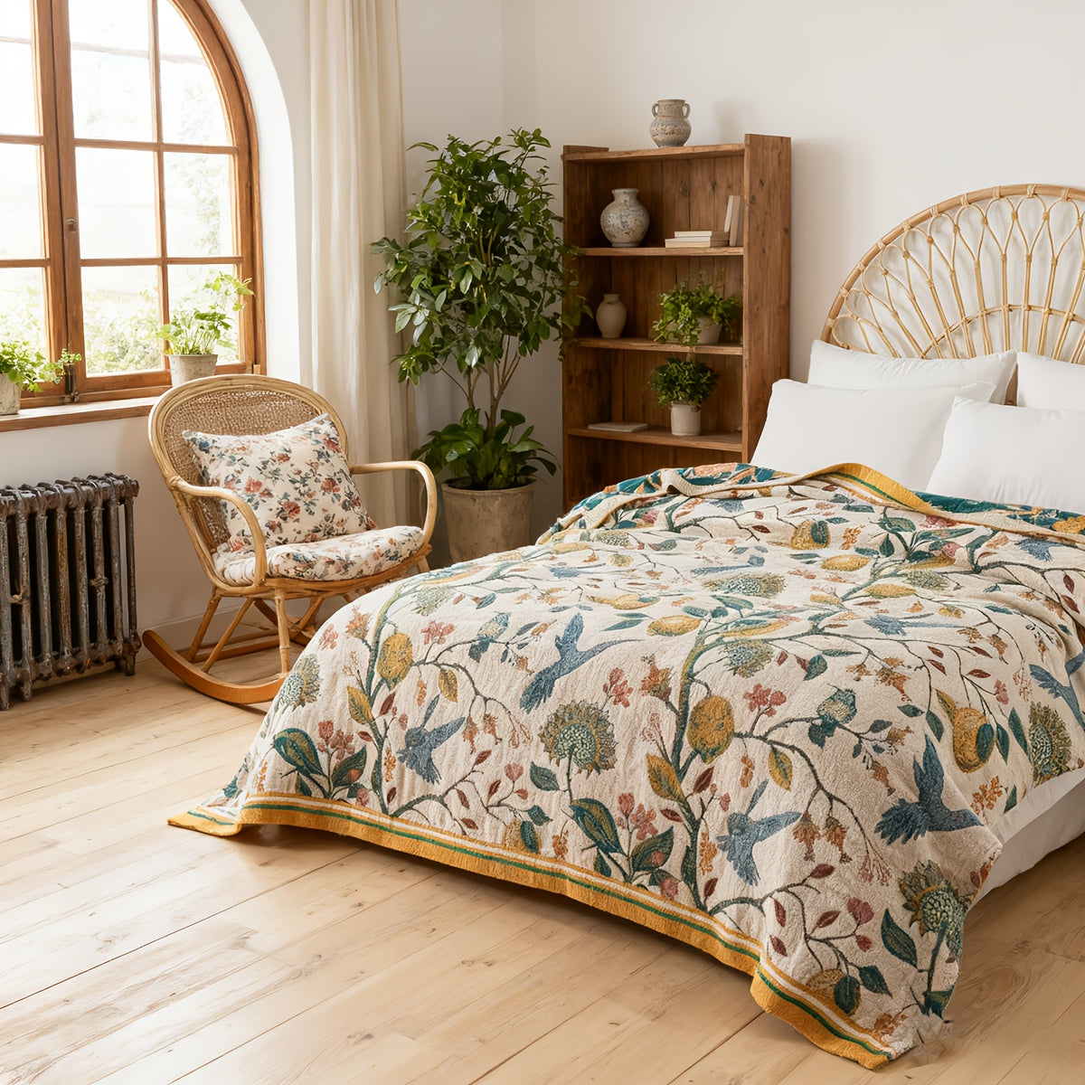 Boho Throw Blanket, 100% Cotton Soft Luxury Throw Rustic Quilt, Floral Printed Farmhouse Decor Bed Summer Blankets, All Season Rustic Reversible Bohemian Throw for Bed - Lemon