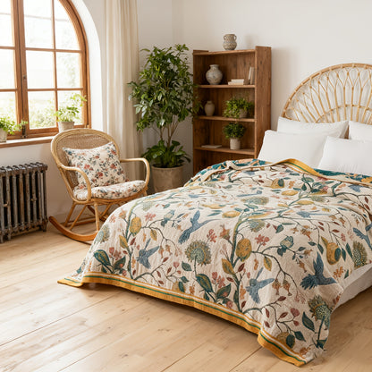 Boho Throw Blanket, 100% Cotton Soft Luxury Throw Rustic Quilt, Floral Printed Farmhouse Decor Bed Summer Blankets, All Season Rustic Reversible Bohemian Throw for Bed - Lemon