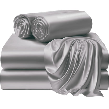 4pcs 100% Polyester 80G Satin Fitted Sheet Set [1 Fitted Sheet + 1 Flat Sheet + 2 Pillowcases (Without Inserts)] Soft Fabric Bedroom All-Season Versatile Style No Shrinkage No Pilling Machine Washable Light Luxury High-End Fitted Sheet Student Dormi