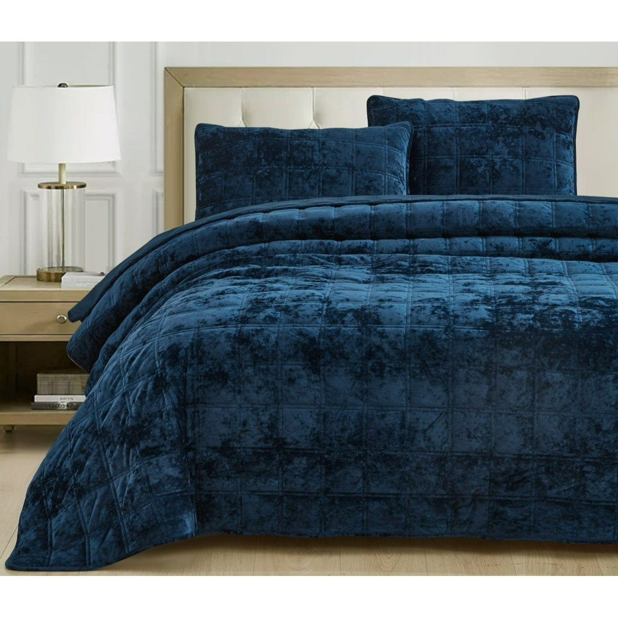 3-Piece Distressed Velvet Quilt Set, Piers Plush Velvet Bedspread Soft Washed Microfiber Reverse with Double Square Stitch Oversized King/King/Queen Size