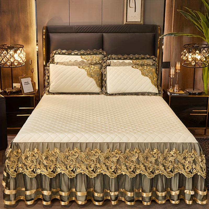 European High-End Lace Splicing Crystal Velvet Bed Skirt 3pcs Set Autumn And Winter Warm Coral Velvet Bed Cover Thickened Velvet Fitted Sheet Anti-Slip Mattress Protector Bedding