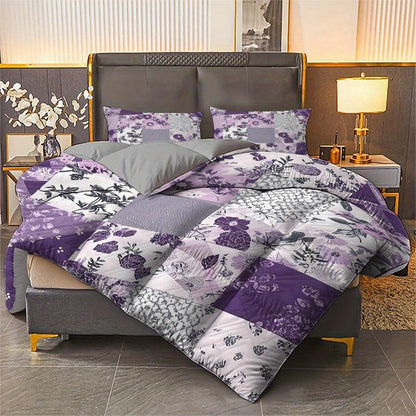 Latacaca 3pcs Patchwork Floral Quilt Set Purple Pattern Bed Cover Set Elegant Bedding Set 1 Quilt + 2 Pillowcases Holiday Gift Idea for Merry Christmas Winter Season