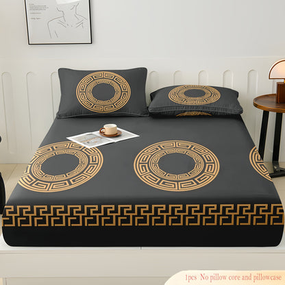 Premium Black Golden Geometric Polyester Fitted Bed Sheet One-Piece Cover for Twin Queen King Sizes - Plush Touch Luxury Bed Skirt with Modern Circular Design, Wrinkle-Free & Smooth Texture (Pillowcases Excluded)