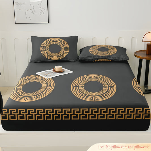 Premium Black Golden Geometric Polyester Fitted Bed Sheet One-Piece Cover for Twin Queen King Sizes - Plush Touch Luxury Bed Skirt with Modern Circular Design, Wrinkle-Free & Smooth Texture (Pillowcases Excluded)
