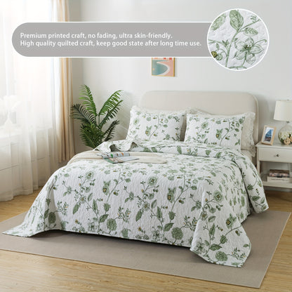 100% Floral Pattern White Quilt Set, Green Flower Print Farmhouse Summer Bedspread Set, Soft Breathable Lightweight Rustic Coverlet Bedding Sets, for All Season, 3pcs (Twin Size 2pcs)