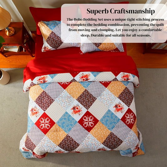 King Size Comforter Set- 7pcs Boho Bed In A Bag Queen Size Include 1 Patchwork Down Alternative Quilt & 1 Flat Sheet & 1 Fitted Sheet In 16" Deep Pockets & 2 Pillowcase & 2 Printed Pillow Shams, Bedding Sheet Set For All Seasons, Machine