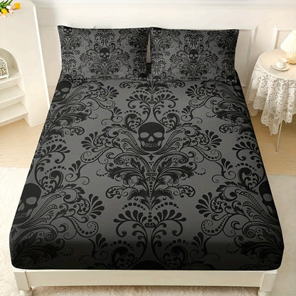 3pcs Fitted Sheet Set (1 Fitted Sheet + 2 Pillowcases, Pillow Core Not Included), Home Dormitory High-Definition Printed Skull Pattern
