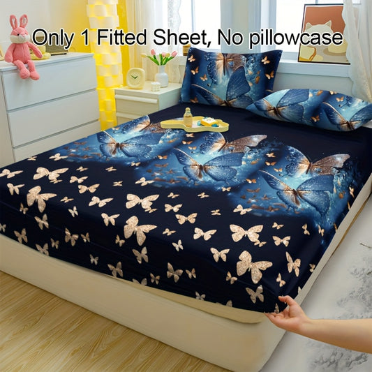 1pc Golden-Infused Blue Butterfly Pattern Printed Brushed Fitted Sheet, Printed Bedspread, Mattress Cover, Mattress Protector, Protective Cover for Bedding, Pillowcases Not Included