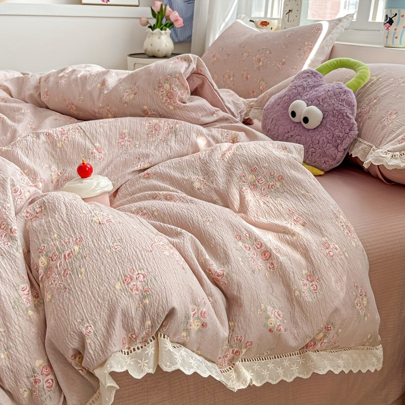 4pcss, Bedding 4pcs Set Includes 1pc Duvet Cover, 1pc Flat Sheet, 2pcs Pillowcases (Pillow Inserts And Duvet Inserts Not Included), Floral Fresh Style, Double Gauze Fabric, Skin-Friendly And Soft, Machine Washable, Breathable And Non-Stuffy