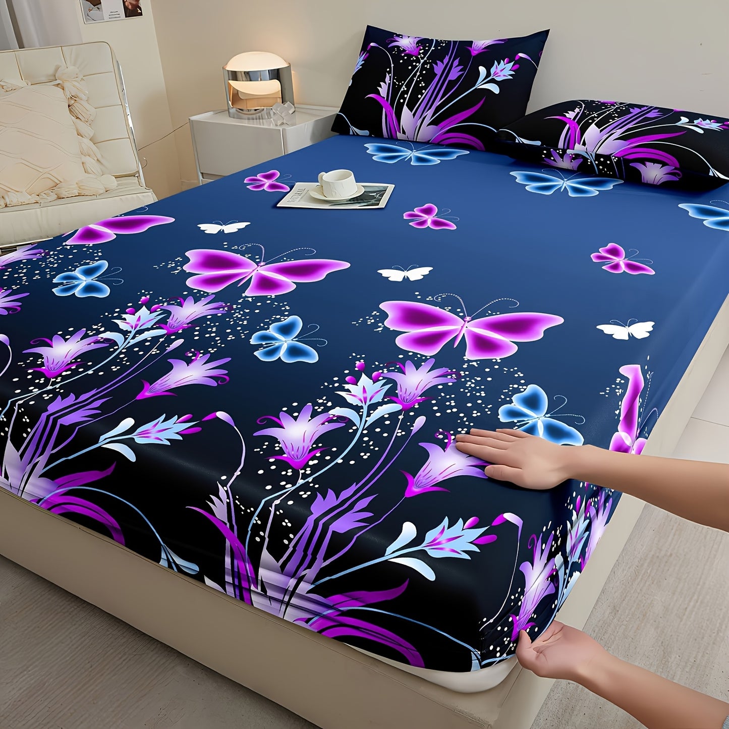 3pcs Fitted Sheet Set: 1 Fitted Sheet + 2 Pillowcases, No Insert, Butterfly and Botanical Print Bedding, Soft and Comfortable Fitted Sheet, Suitable for Bedrooms and Guest Rooms