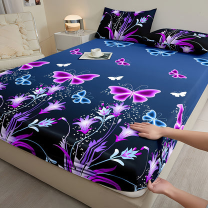 3pcs Fitted Sheet Set: 1 Fitted Sheet + 2 Pillowcases, No Insert, Butterfly and Botanical Print Bedding, Soft and Comfortable Fitted Sheet, Suitable for Bedrooms and Guest Rooms