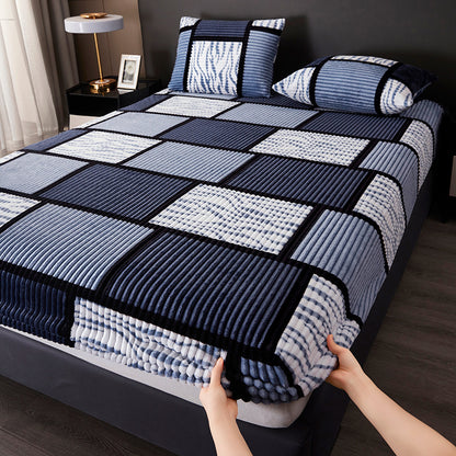 Fitted Sheet, Geometric Checkered Velvet Fitted Sheet, Machine Washable, Skin-friendly Soft Fabric, Thick Bedding, Suitable for All Four Seasons