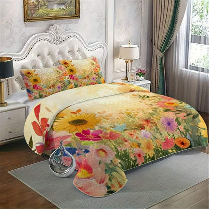 Sunflower Meadow Pattern Quilt Set (1 Quilt +1/2 Pillowcases, Without Fillers) Easy Care, Hypoallergenic Feature Bedspread Coverlet | Soft, Breathable & Machine Washable | Perfect for Men/Women in Dorms/Hotels (Full/Queen/King)