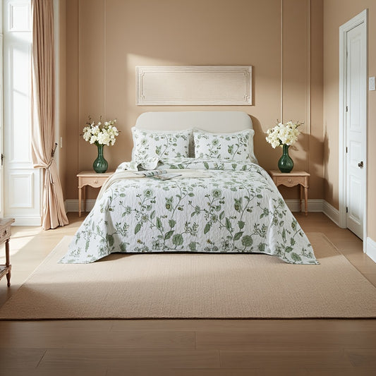 100% Floral Pattern White Quilt Set, Green Flower Print Farmhouse Summer Bedspread Set, Soft Breathable Lightweight Rustic Coverlet Bedding Sets, for All Season, 3pcs (Twin Size 2pcs)