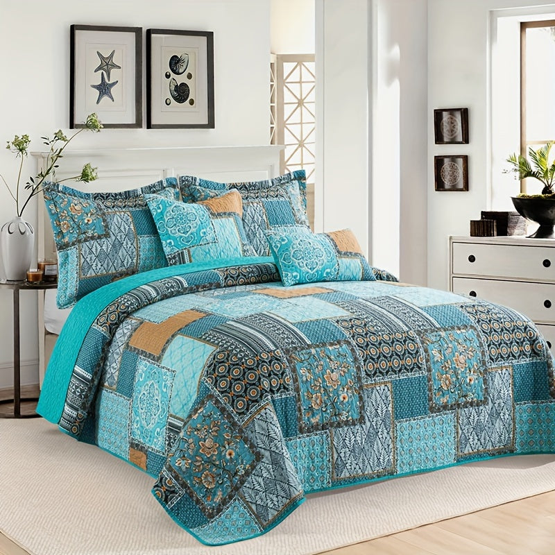 Lightweight Teal Cotton Quilt Comforter Set, Consisting of 3pcs Including 2 Pillowcases, Featuring a Reversible Turquoise Bedspread Suitable for All Seasons, Ideal for a Farmhouse Style