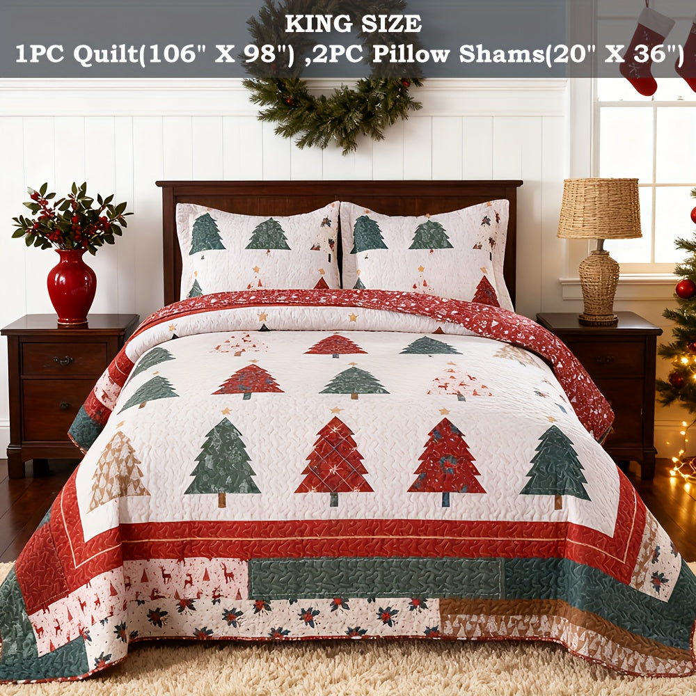 3pcs Queen/King Size Christmas Quilt Set with Bedspread, Comforter & Throw Blanket - Rustic Lodge Deer Bedding Ensemble, Quilted Snowman Deer & Snowflake Pattern, Machine Washable Bedspread Coverlet (Queen/King, Fill)