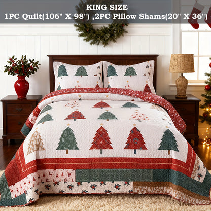 3pcs Queen/King Size Christmas Quilt Set with Bedspread, Comforter & Throw Blanket - Rustic Lodge Deer Bedding Ensemble, Quilted Snowman Deer & Snowflake Pattern, Machine Washable Bedspread Coverlet (Queen/King, Fill)