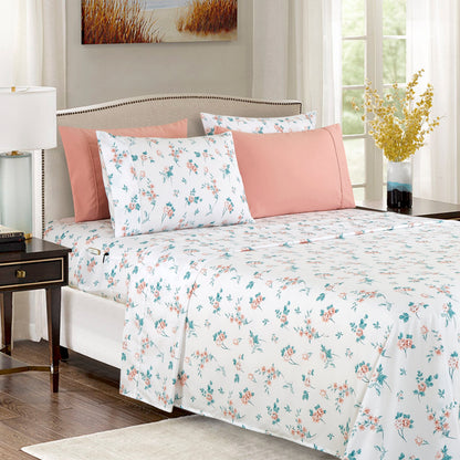 Elegant Comfort Luxury 4/6pcs Floral and Striped Sheet Set 16 inch deep pockets - Ultra Soft Machine Washable Luxury 6-Piece Bed Sheet Set - Fade and Wrinkle Resistant Premium Hotel Quality Twin/Full/Queen/King/Cal King Bedding Set- 6PC Sheets For Daily U