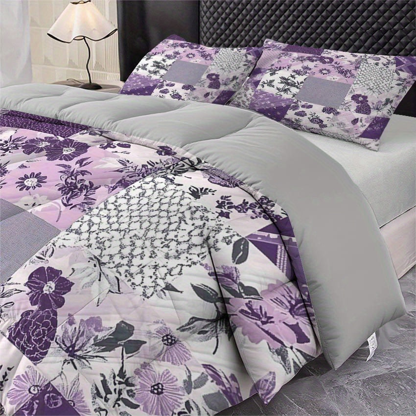 Latacaca 3pcs Patchwork Floral Quilt Set Purple Pattern Bed Cover Set Elegant Bedding Set 1 Quilt + 2 Pillowcases Holiday Gift Idea for Merry Christmas Winter Season