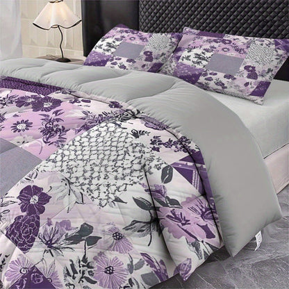 Latacaca 3pcs Patchwork Floral Quilt Set Purple Pattern Bed Cover Set Elegant Bedding Set 1 Quilt + 2 Pillowcases Holiday Gift Idea for Merry Christmas Winter Season