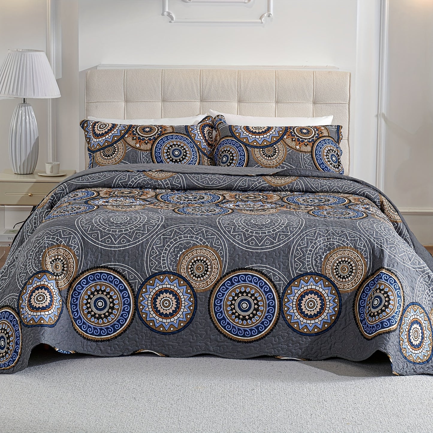 3pcs Queen And King Size Quilt Set, Orange Rust Olive Green Grey Bedspread Coverlet, Soft Lightweight Microfiber Floral Blanket, Luxurious Warm Oversized Bed Cover for All Seasons (1 Quilt, 2 Pillow Shams)