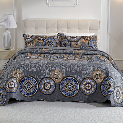 3pcs Queen And King Size Quilt Set, Orange Rust Olive Green Grey Bedspread Coverlet, Soft Lightweight Microfiber Floral Blanket, Luxurious Warm Oversized Bed Cover for All Seasons (1 Quilt, 2 Pillow Shams)