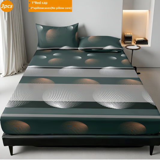 3pcs Printed Abstract Classic Fitted Sheet Set, Soft, Comfortable, and Breathable Deep Pocket Bedding, Full Size Range Suitable for Bedroom and Guest Room, Includes 1 Fitted Sheet + 2 Pillowcases, No Pillow Inserts