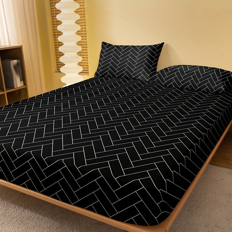 1pc Brushed Fitted Sheet, Soft Comfortable Geometric Pattern Bedding Fitted Sheet, for Bedroom, Guest Room, with Deep Pocket, Fitted Bed Sheet Only, Without Pillowcase