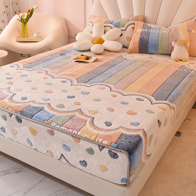 1 Thickened Soft Breathable Flannel Printed Fitted Sheet, Warm to the Touch with Moisture-Wicking and Wrinkle-Resistant Cover for Easy Removal, Suitable for All Seasons, 180g per Square Meter