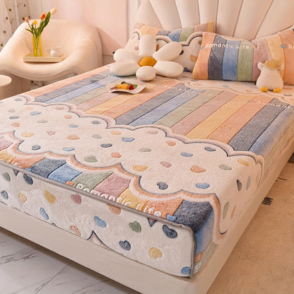 1 Thickened Soft Breathable Flannel Printed Fitted Sheet, Warm to the Touch with Moisture-Wicking and Wrinkle-Resistant Cover for Easy Removal, Suitable for All Seasons, 180g per Square Meter