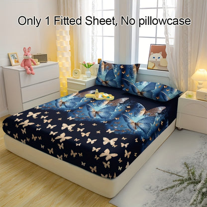 1pc Golden-Infused Blue Butterfly Pattern Printed Brushed Fitted Sheet, Printed Bedspread, Mattress Cover, Mattress Protector, Protective Cover for Bedding, Pillowcases Not Included