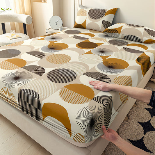 [Soft Comfortable] 3pcs Soft Comfortable Geometric Fitted Sheet Set | All-Season Mattress Protector, Fashionable Classic Deep Pocket Breathable Bedding Set, Bedroom Guest Room Decoration (1 Fitted Sheet + 2 Pillowcases, No Filler)