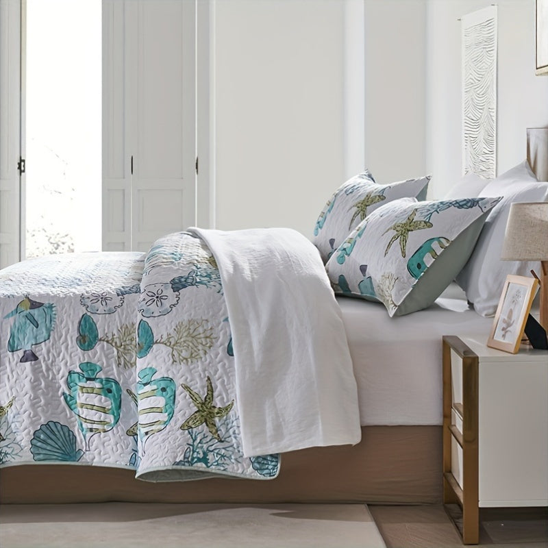 3 Piece Coastal Comforter Set - Lightweight Polyester Beach Quilt with Starfish Shell Coral Print, Machine Washable Bedspread with Pillowcases (No Filling)