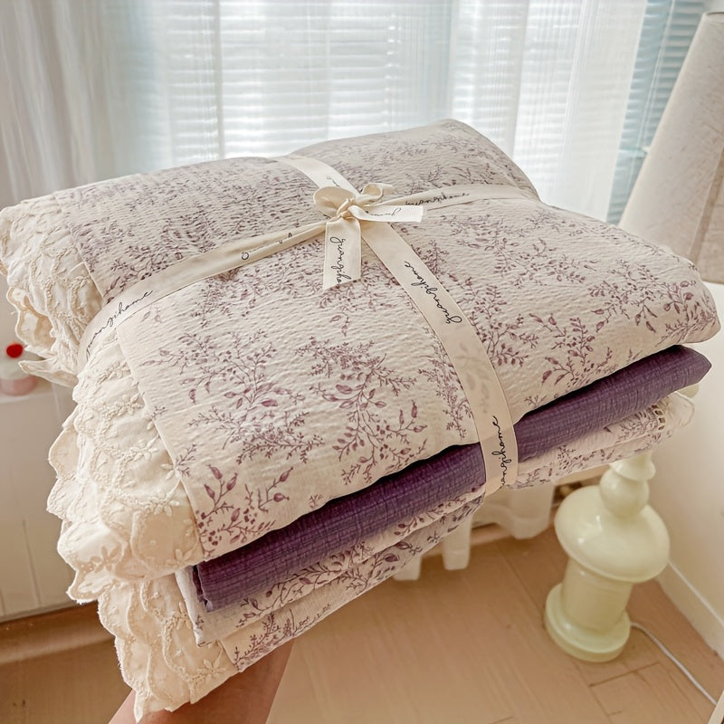 4pcss, Bedding 4pcs Set Includes 1pc Duvet Cover, 1pc Flat Sheet, 2pcs Pillowcases (Pillow Inserts And Duvet Inserts Not Included), Floral Fresh Style, Double Gauze Fabric, Skin-Friendly And Soft, Machine Washable, Breathable And Non-Stuffy