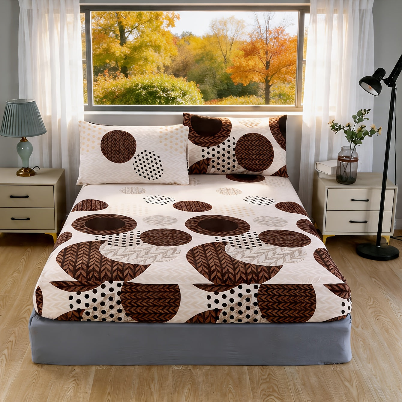 3pcs Brushed Printed Fitted Sheet Set [1pc Fitted Sheet And 2pcs Pillowcases] Pillowcases Do Not Include Core, Suitable for Bedroom Home Bedding All Seasons Machine Washable