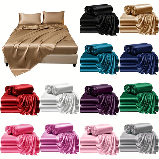 4pcs 100% Polyester 80G Satin Fitted Sheet Set [1 Fitted Sheet + 1 Flat Sheet + 2 Pillowcases (Without Inserts)] Soft Fabric Bedroom All-Season Versatile Style No Shrinkage No Pilling Machine Washable Light Luxury High-End Fitted Sheet Student Dormi