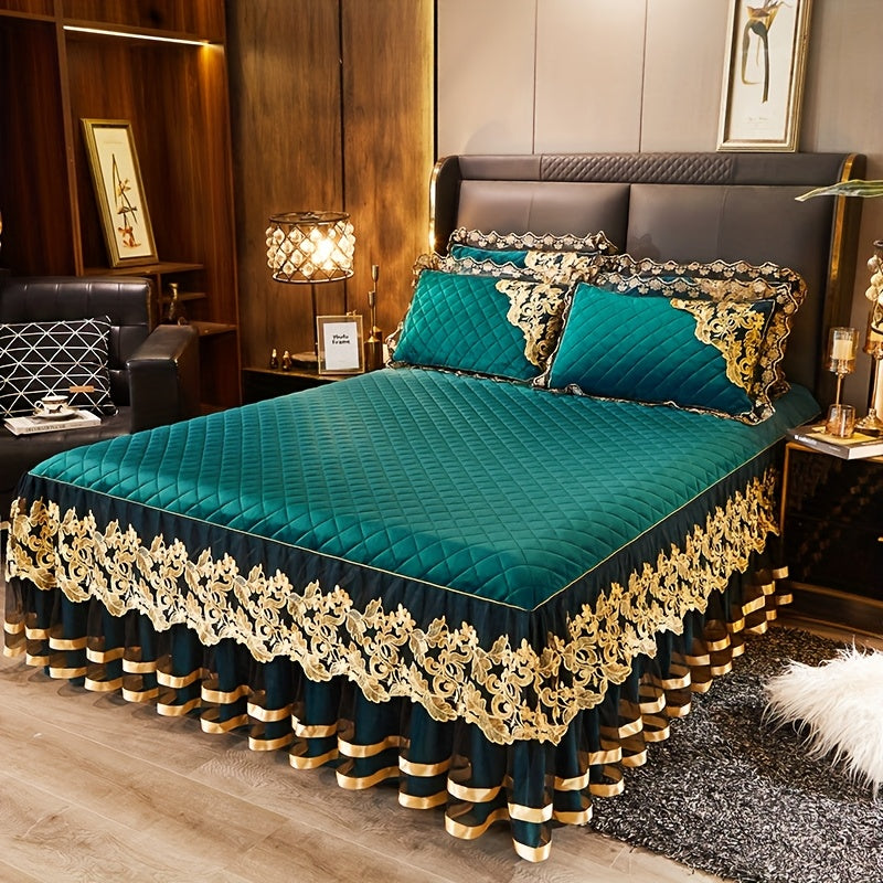 European High-End Lace Splicing Crystal Velvet Bed Skirt 3pcs Set Autumn And Winter Warm Coral Velvet Bed Cover Thickened Velvet Fitted Sheet Anti-Slip Mattress Protector Bedding