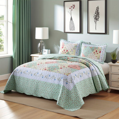 3pcs Green Patchwork Quilt Set Reversible Bedspread Lightweight Bedding with 2pcs Pillow Shams, All Season