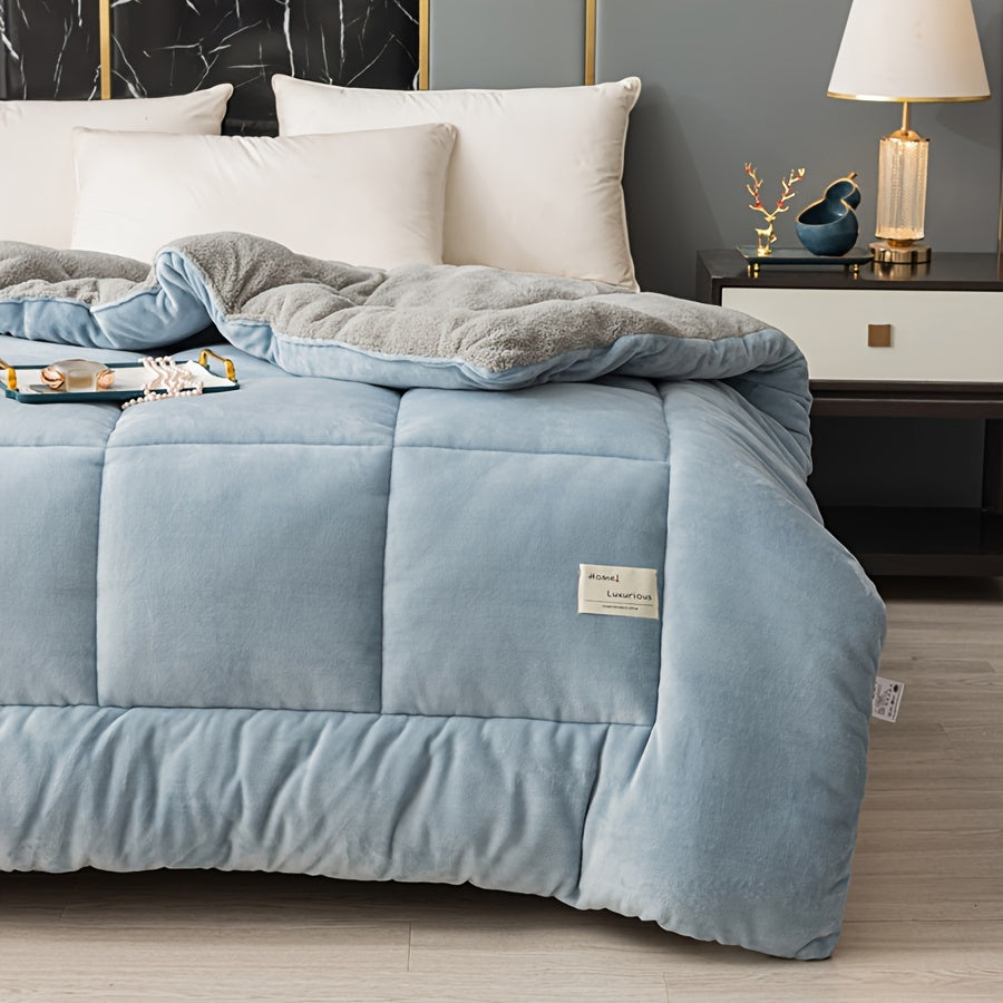 [Thickened Warm Quilt] 1pc of Thickened Warm Patchwork Quilt, Home Luxury Printed Lamb Fleece Autumn/winter Blanket, Fluffy Microfiber, All-season Extra-large Double Bed Quilt, Quilted Fiber Filling Bedding, Soft and Comfortable