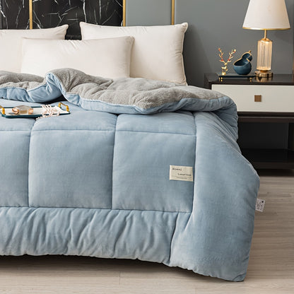 [Thickened Warm Quilt] 1pc of Thickened Warm Patchwork Quilt, Home Luxury Printed Lamb Fleece Autumn/winter Blanket, Fluffy Microfiber, All-season Extra-large Double Bed Quilt, Quilted Fiber Filling Bedding, Soft and Comfortable