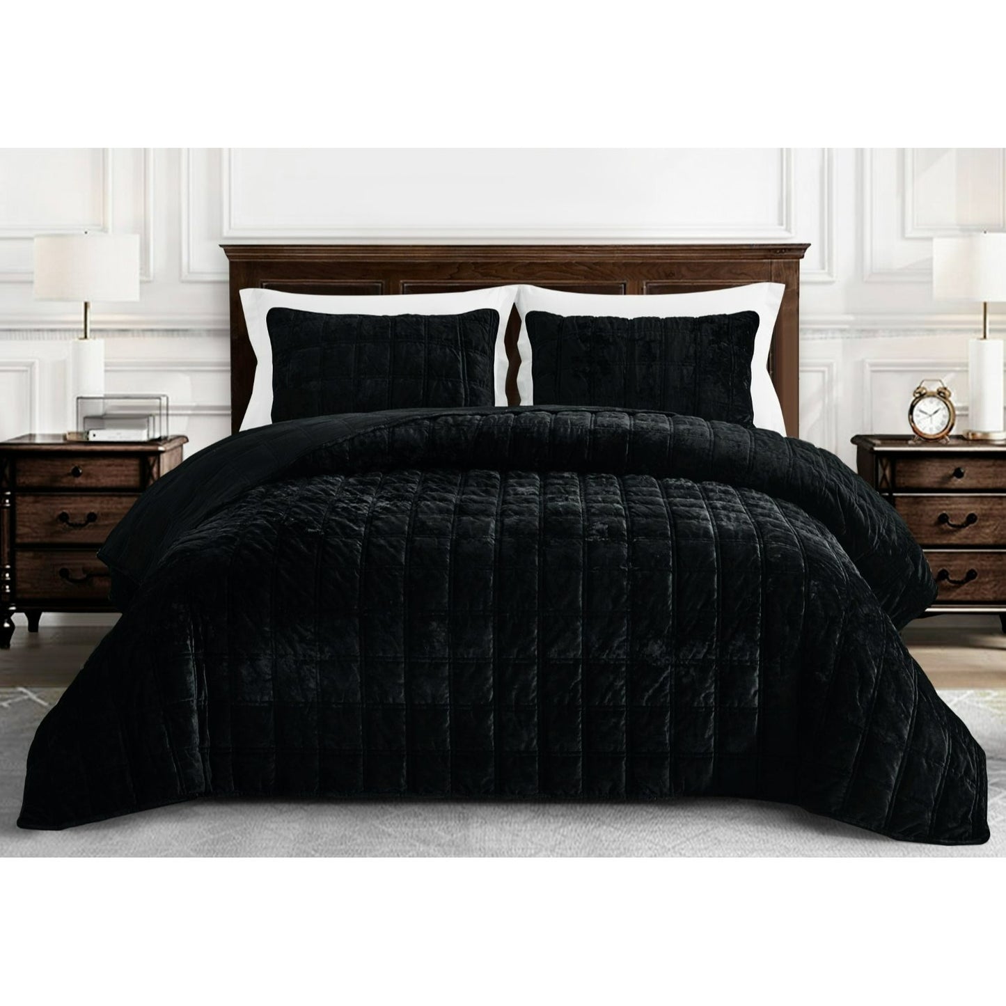 3-Piece Distressed Velvet Quilt Set, Piers Plush Velvet Bedspread Soft Washed Microfiber Reverse with Double Square Stitch Oversized King/King/Queen Size