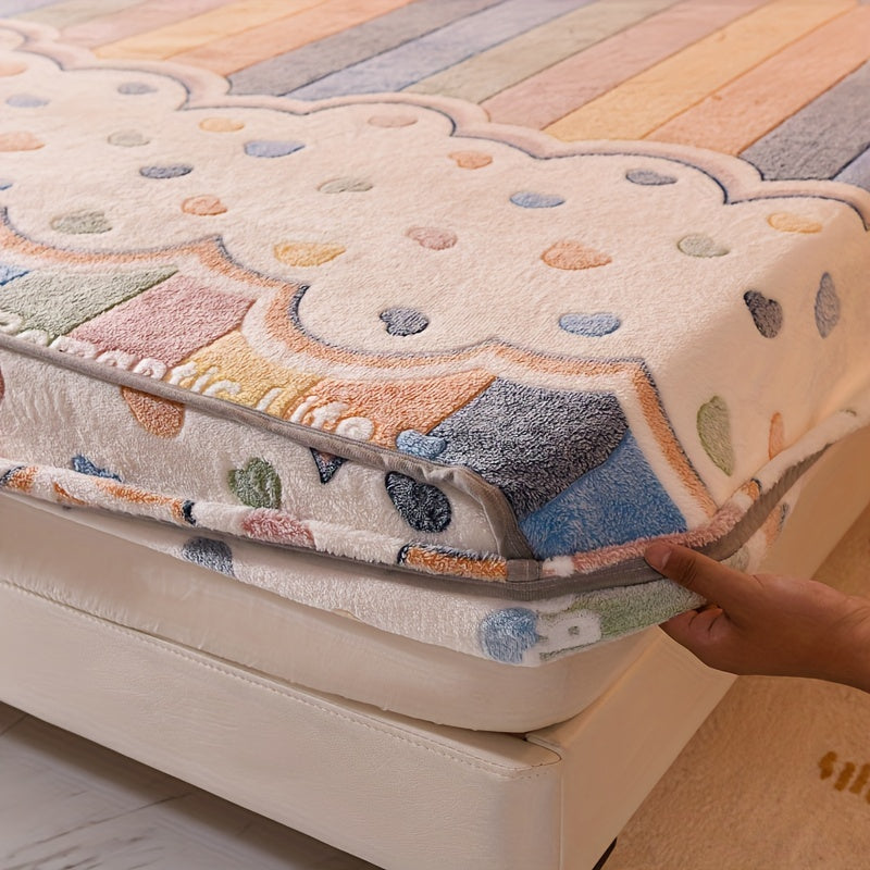1 Thickened Soft Breathable Flannel Printed Fitted Sheet, Warm to the Touch with Moisture-Wicking and Wrinkle-Resistant Cover for Easy Removal, Suitable for All Seasons, 180g per Square Meter