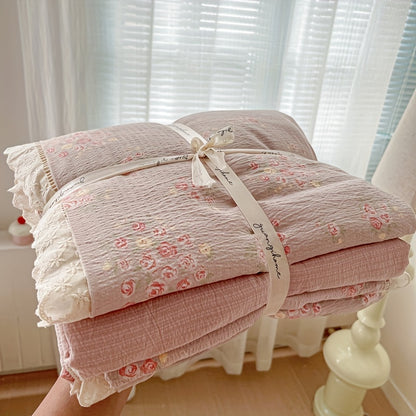 4pcss, Bedding 4pcs Set Includes 1pc Duvet Cover, 1pc Flat Sheet, 2pcs Pillowcases (Pillow Inserts And Duvet Inserts Not Included), Floral Fresh Style, Double Gauze Fabric, Skin-Friendly And Soft, Machine Washable, Breathable And Non-Stuffy