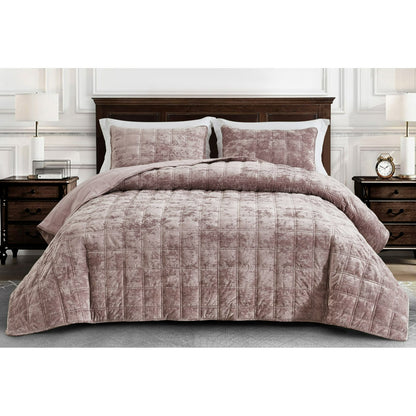 3-Piece Distressed Velvet Quilt Set, Piers Plush Velvet Bedspread Soft Washed Microfiber Reverse with Double Square Stitch Oversized King/King/Queen Size