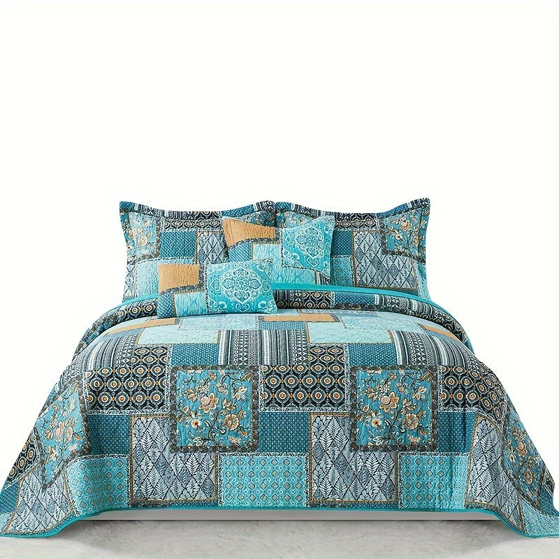 Lightweight Teal Cotton Quilt Comforter Set, Consisting of 3pcs Including 2 Pillowcases, Featuring a Reversible Turquoise Bedspread Suitable for All Seasons, Ideal for a Farmhouse Style