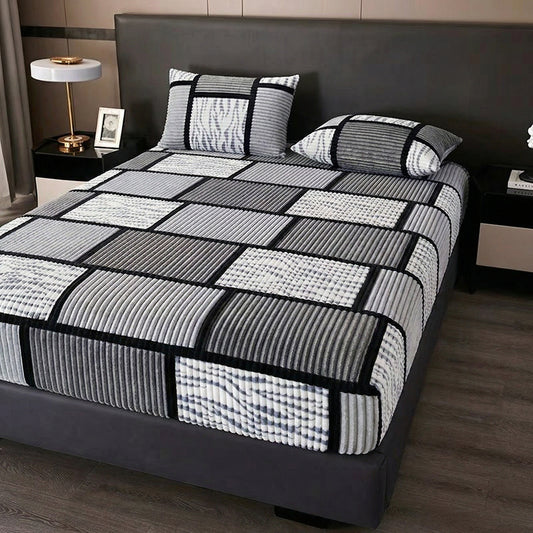 Fitted Sheet, Geometric Checkered Velvet Fitted Sheet, Machine Washable, Skin-friendly Soft Fabric, Thick Bedding, Suitable for All Four Seasons