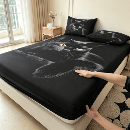 Soft Breathable Microfiber Fitted Sheet - Machine-Washable Easy Care, Deep Pocket Non-Slip Elastic Edge, Black Cat Print Novelty Design, Comfortable for All Seasons, Fits Most Single Bed Mattresses