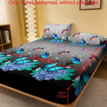 1pc Brushed Fitted Sheet, Soft Comfortable Butterfly Floral Print Bedding Fitted Sheet, for Bedroom, Guest Room, with Deep Pocket, Fitted Bed Sheet solely, Without Pillowcase