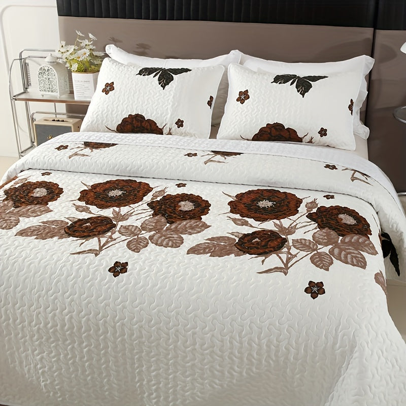 3pcs Brushed Floral Print Quilted Bedspread Set with Pillow Shams, Coffee Rose Design, Polyester Woven Coverlet Set with Polyester Filling, Machine Washable - Queen & King Sizes Available
